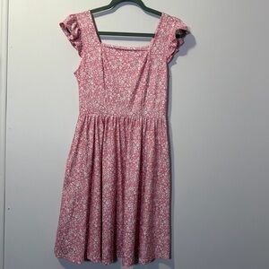 Pink Floral Square-Neck Sundress with Flutter Cap Sleeves, Medium, NWT